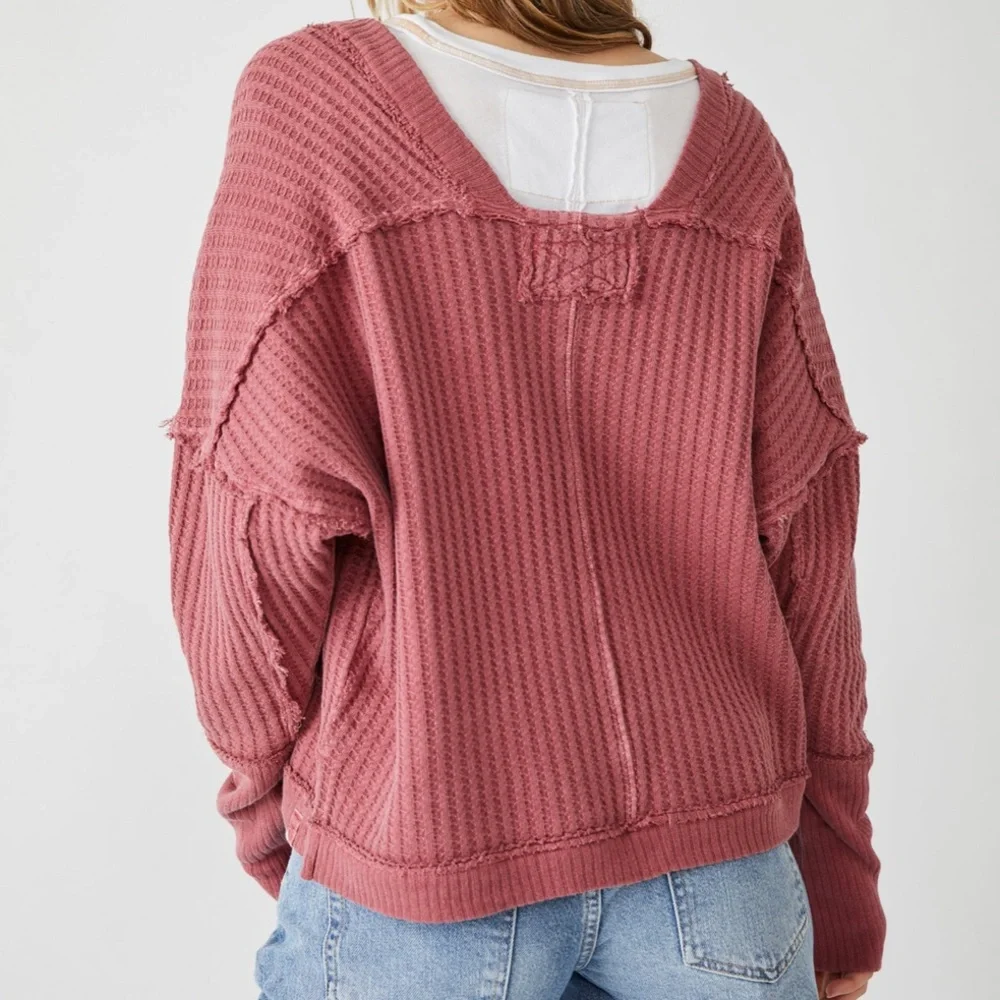 We The Free New Magic Waffle Knit Thermal Long Sleeve Top in Cowboy Size Large - Picture 2 of 8